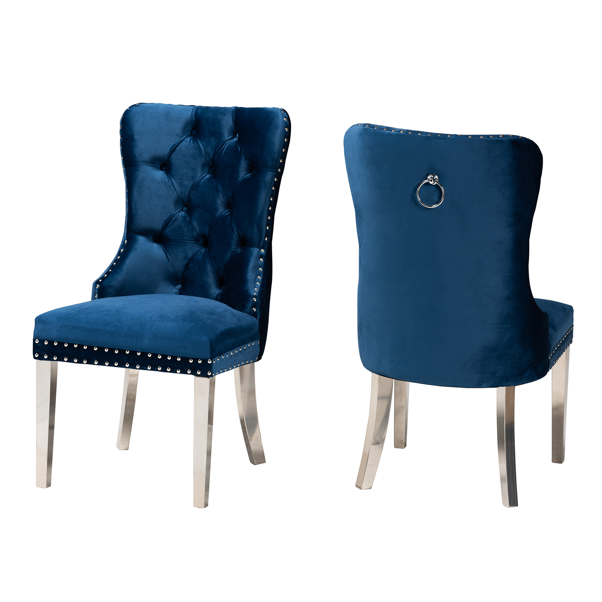 Baxton Studio Honora Contemporary Glam and Luxe Navy Blue Velvet Fabric and Silver Metal 2-Piece Dining Chair Set